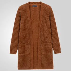 Men's loose fit drop shoulder thick knit cardigan sweater with pockets in brown
