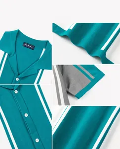 Vista dettagliata della polo da uomo in maglia a righe con texture fine e colletto polo