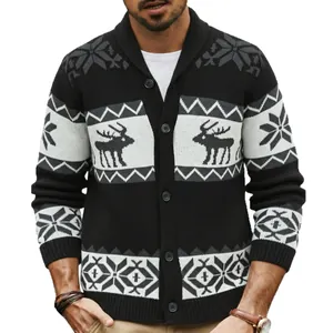 Elegante cardigan in maglia da uomo con motivo jacquard renne natalizie in bianco e nero