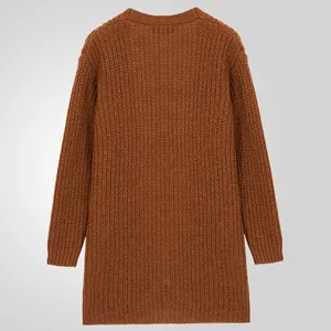 Back view of a men's chunky brown knit cardigan with loose drop shoulder fit design