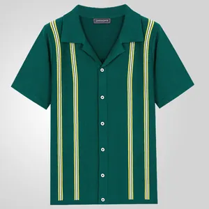 American retro striped knit polo shirt for men featuring a casual camp collar design