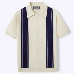 Polo da uomo in maglia a maniche corte, color crema con strisce verticali blu navy