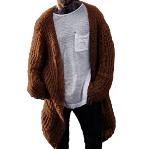 Premium men's oversized brown chunky knit cardigan with ribbed texture and side pockets