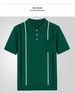 Dark green men's knit polo shirt featuring vertical contrast stripes and a chest pocket.