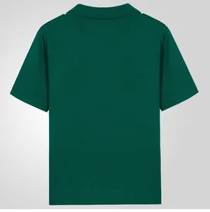 Back view of a men's dark green short-sleeve knit polo shirt with fine texture