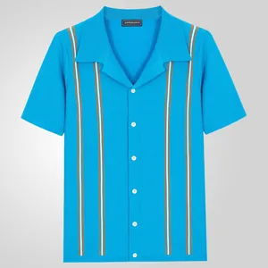 Men's vintage blue striped knit Polo shirt with retro short sleeves and camp collar design