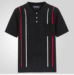 Detail shot of black knitted men's polo shirt featuring red and white vertical stripes