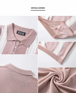 Viste dettagliate di una polo da uomo in maglia a righe rosa e bianche di qualità