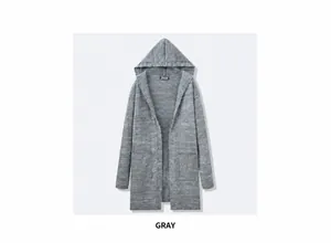 Detail view showing a long-line hooded gray knit cardigan jacket for men in vintage style