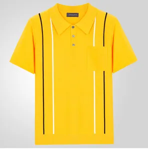 Bright yellow men's knit polo shirt with vertical stripes and chest pocket details.
