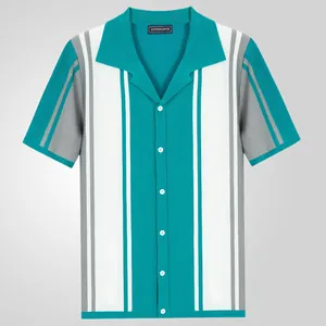 Polo cardigan da uomo in maglia a maniche corte con strisce color-block retrò turchesi e bianche