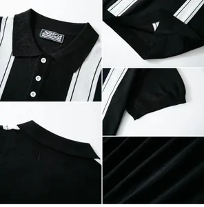 Dettagli della polo in maglia a righe da uomo con colletto, maniche e trama del tessuto.