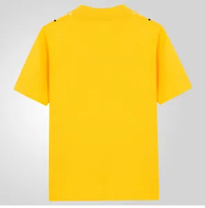 Detailed back view of a vibrant yellow men's short-sleeved knit polo shirt with fine texture