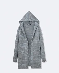 Front view of a long-sleeved hooded knitted cardigan for men in a grey blue mélange