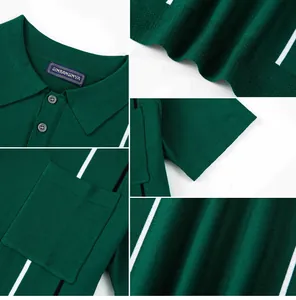 Close-up view of dark green knit polo shirt showing fabric texture, stripes, and pocket detail.