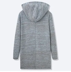 Back view of men's vintage long hooded knit cardigan in blue-grey melange
