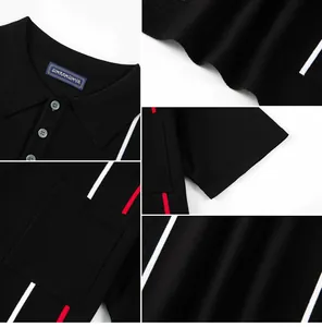 Close-up of men's knitted Polo shirt showing texture, contrast stripes and patch pocket