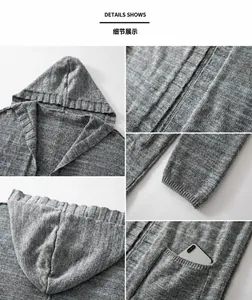 Detailed macro shots of a men's hooded knit cardigan texture, hood, cuffs and pocket