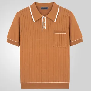 Classic brown knit Polo shirt with white trim and chest pocket for men