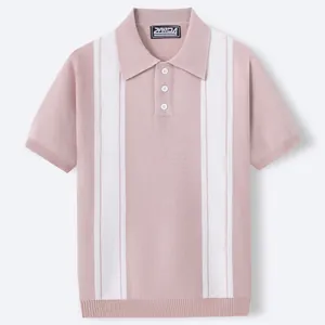 Polo in maglia da uomo con strisce verticali rosa e bianche e maniche corte
