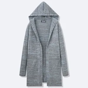 Men's vintage long hooded knit cardigan in a relaxed grey and blue melange style