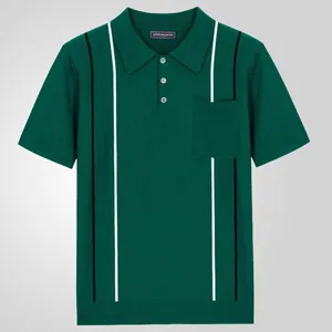 Premium men's dark green knitted Polo shirt with elegant vertical stripes and chest pocket