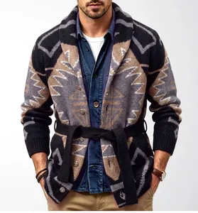 Men's American vintage thick geometric jacquard belted knit cardigan sweater coat