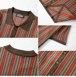 Detailed view of men's knitted Polo shirt with orange and brown herringbone stripes.