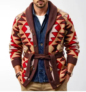 Detailed view of men's geometric jacquard knit cardigan with belt and shawl collar