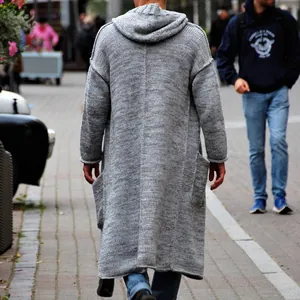 Long hooded knitted cardigan for men in vintage heathered grey for autumn and winter