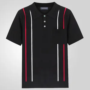 Men's knitted Polo shirt with contrast vertical stripes and patch pocket details