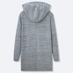 Retro style men's long hooded knitted cardigan featuring grey and blue mottled texture