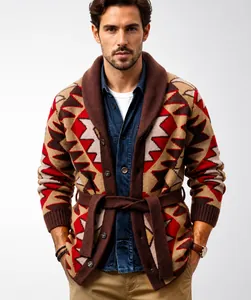 Front view detail of men's geometric jacquard knit cardigan with shawl collar and belt
