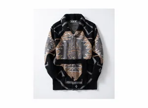 Men's American retro geometric jacquard knit cardigan sweater jacket in black color