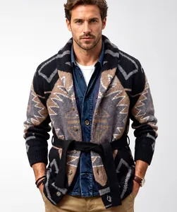 Detailed view of men's vintage geometric knit cardigan with shawl collar and belt.