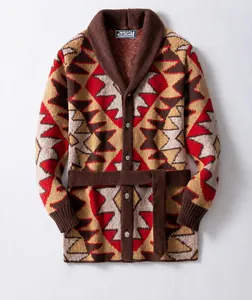 Heavy knit cardigan featuring geometric jacquard patterns and a belted waist for men