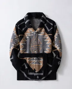American retro men's geometric jacquard knit cardigan jacket with shawl collar