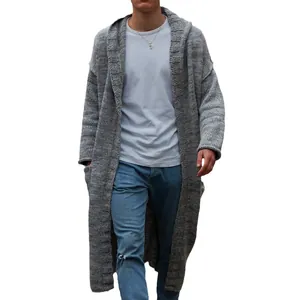 Men's vintage long hooded knit cardigan sweater in relaxed fit for autumn winter