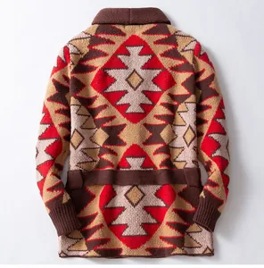 Detail showing the back of an American geometric jacquard men's belted knit cardigan.