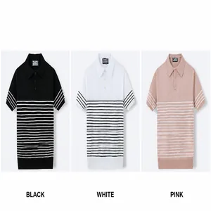Display of striped men's knitted Polo shirts in black, white, and pink colors.