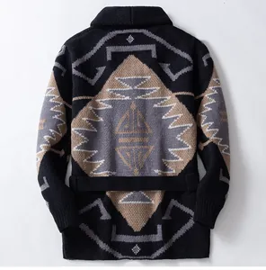 Macro detail showing the back of an American vintage geometric jacquard knit cardigan jacket