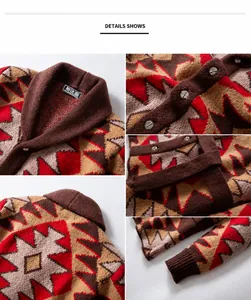 Close-up detail of American style geometric jacquard knit cardigan with tie-waist