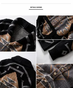 Detailed macro view showing the geometric jacquard knit texture and buttons of the cardigan
