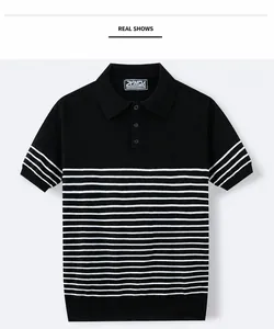 Detail shot of a black and white striped men's knit polo shirt with a classic collar.