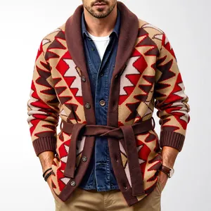 Men's heavy geometric jacquard knit cardigan with shawl collar and belt in western style