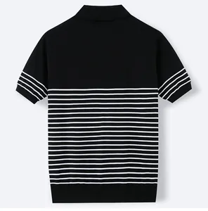 Detail view showing the back design of a men's black and white striped knit polo shirt