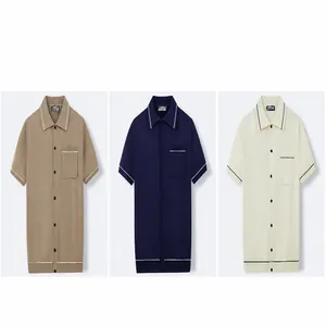 Detailed view of men's knitted Polo shirts in khaki, navy, and apricot colors