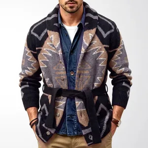 Men's American retro geometric jacquard knit cardigan with belt for autumn and winter