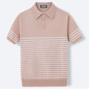 Detail view of pink men's knitted polo shirt featuring classic white horizontal stripes