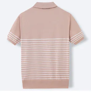 Detailed back view of a men's dusty pink knit Polo shirt featuring white horizontal stripes